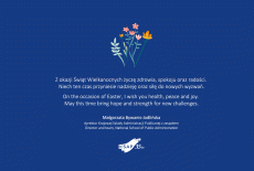 kartka świąteczna z życzeniami. Na granatowym tle bukiet kwiatów i biały tekst.