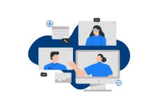 ilustracja przedstawiająca trzy osoby na ekranach komputerów. Rozmawiają ze sobą.