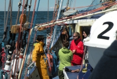 Cztery osoby stoją na pokładzie i rozmawiają