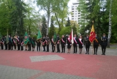Szpaler pocztów sztandarowych stoi przodem wzdłuż chodnika, w tym poczet KSAP