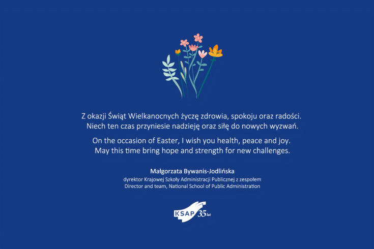 kartka świąteczna z życzeniami. Na granatowym tle bukiet kwiatów i biały tekst.