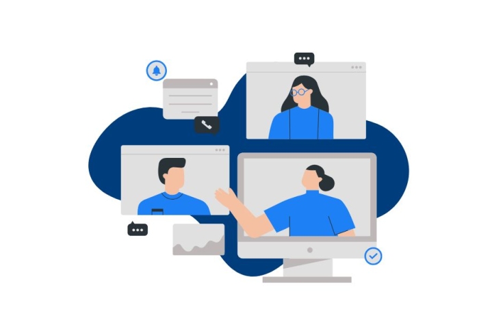 ilustracja przedstawiająca trzy osoby na ekranach komputerów. Rozmawiają ze sobą.