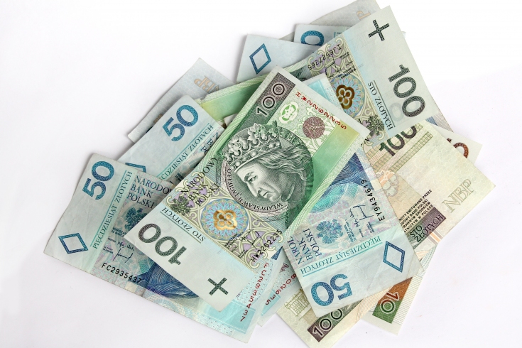 Na białym tle polskie banknoty.